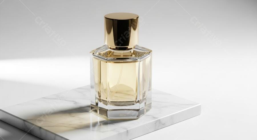 Foto Produto Perfume Frasco Dourado Mármore Branco Estúdio