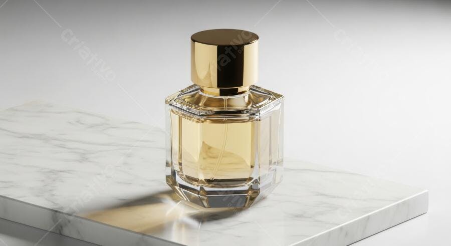Foto Produto Perfume Frasco Dourado Mármore Branco Estúdio