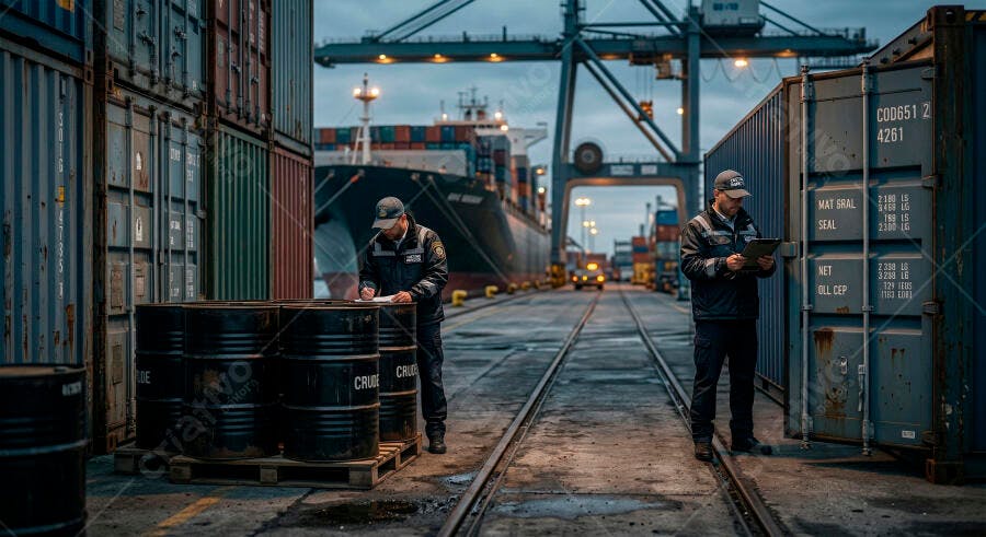Foto Profissionais Logística Homens Trabalhando Porto Contêineres Noturno