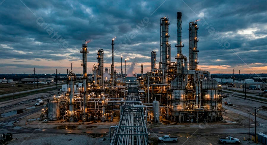 Foto Refinaria Petróleo Indústria Química Noturna Crepúsculo