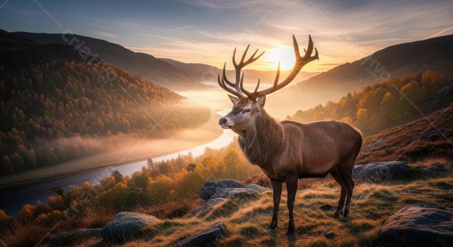 Foto Veado Cervo Macho Montanhas Nascer do Sol Neblina