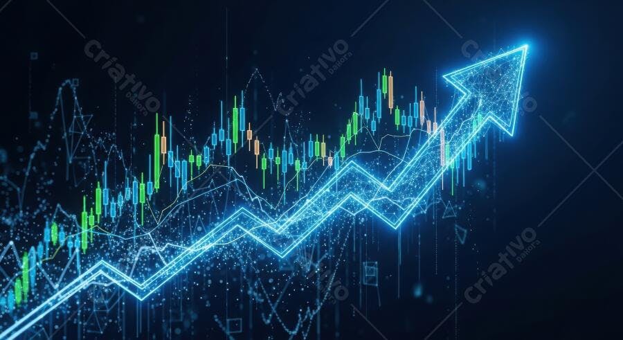 Gráfico de Crescimento Financeiro Digital com Seta para Cima Azul Neon