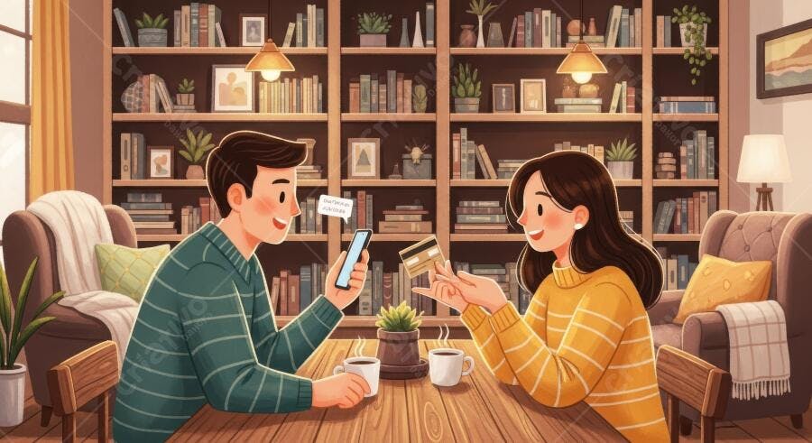 Ilustração Casal Comprando Online Cartão Crédito Celular