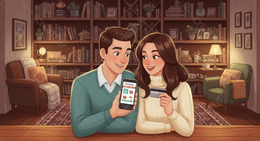 Ilustração Casal Comprando Online Celular Cartão Crédito