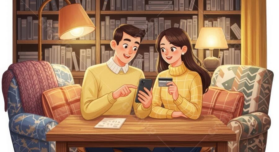 Ilustração Casal Comprando Online Celular Cartão de Crédito
