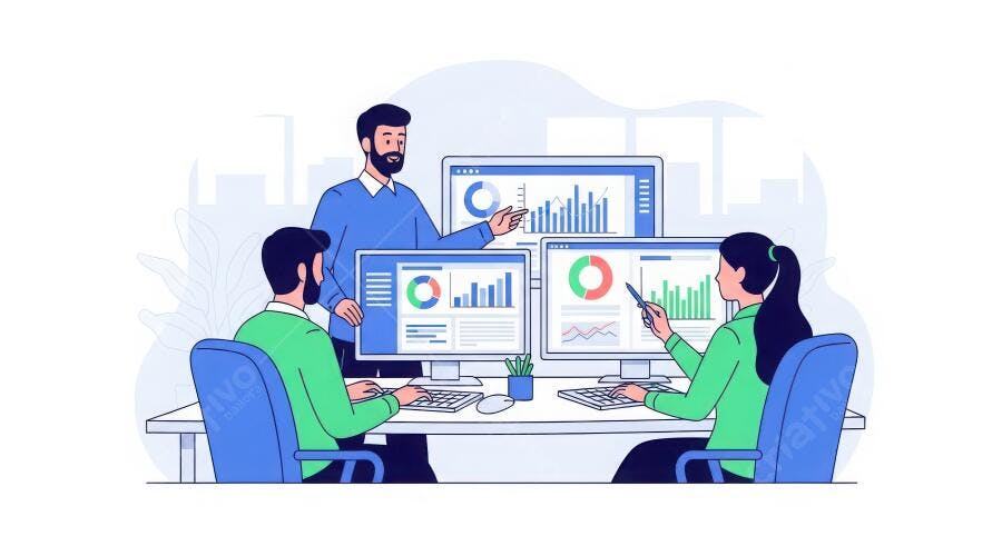 Ilustração Equipe Analisando Dados Gráficos Computador