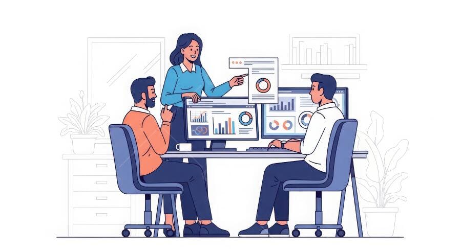 Ilustração Equipe de Negócios Analisando Dados Gráficos Marketing Digital