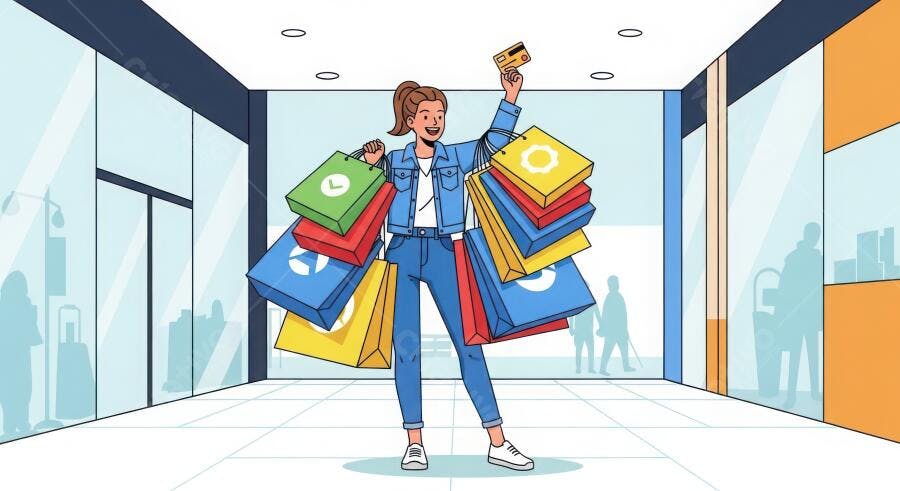 Ilustração Mulher Feliz Compras Cartão de Crédito Shopping