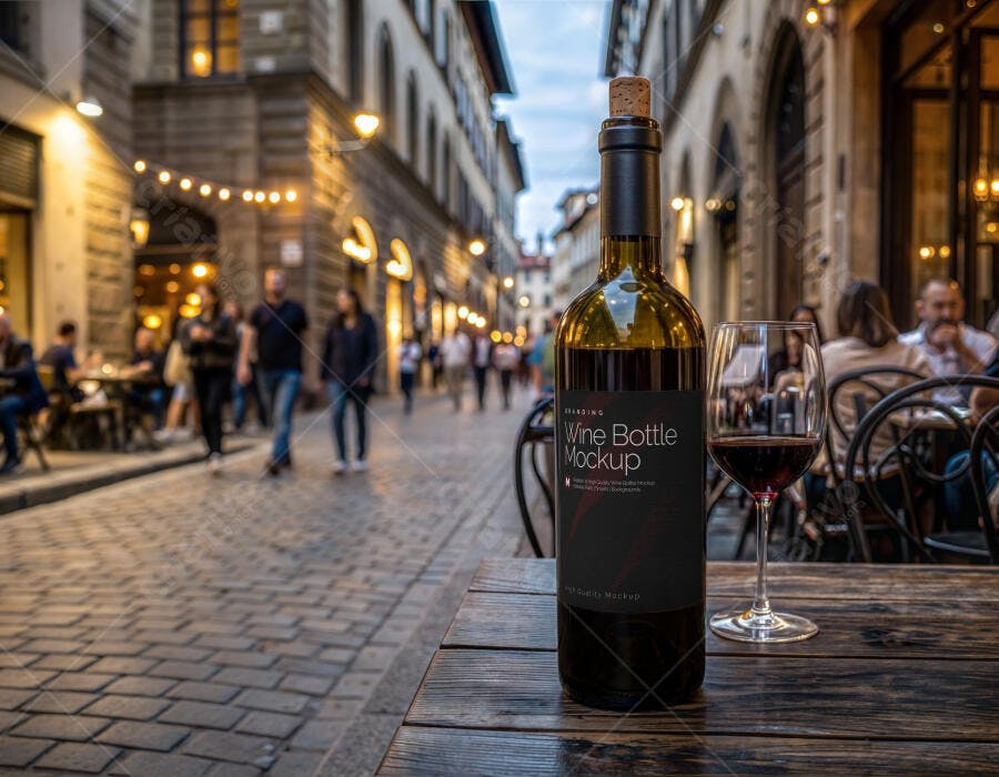 Mockup Garrafa Vinho Tinto Taça Mesa Externa Editável