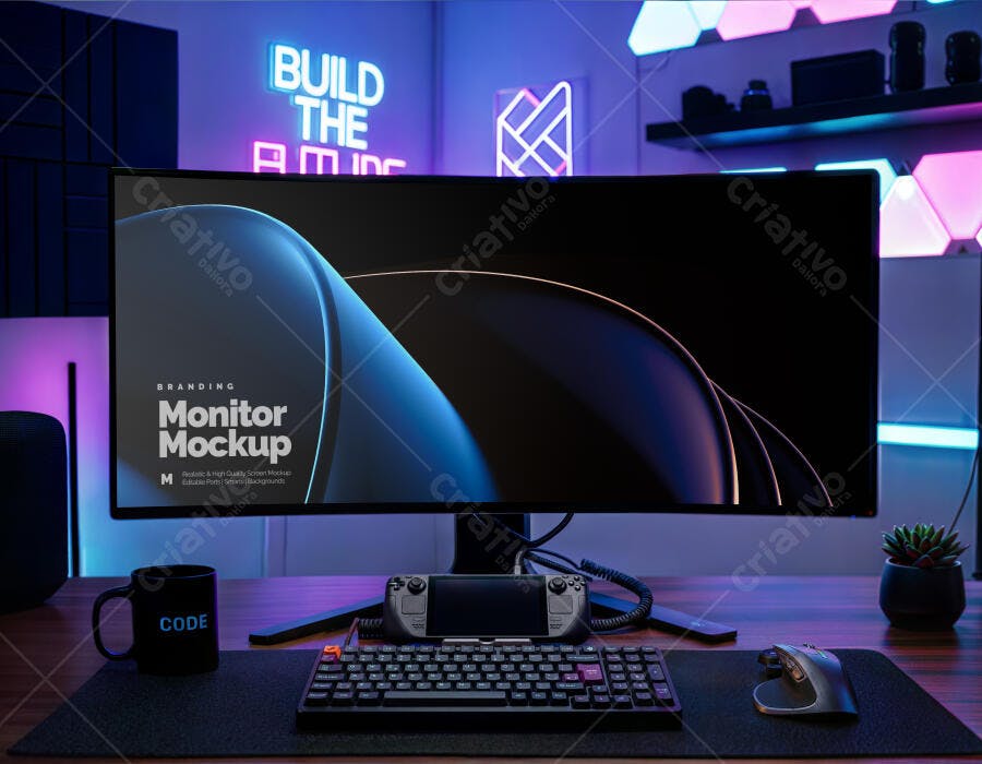 Mockup Monitor Curvo Gamer Mesa Neon Editável