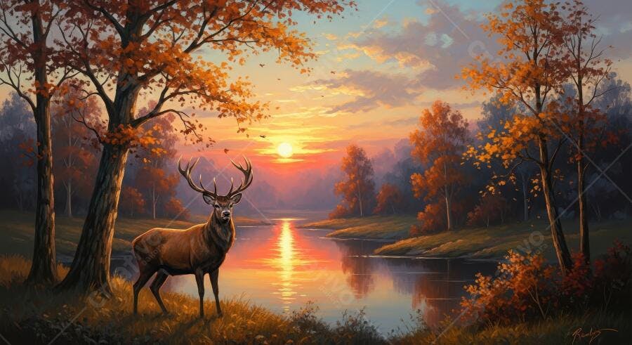 Pintura Veado Floresta Outono Lago Pôr do Sol Dourado