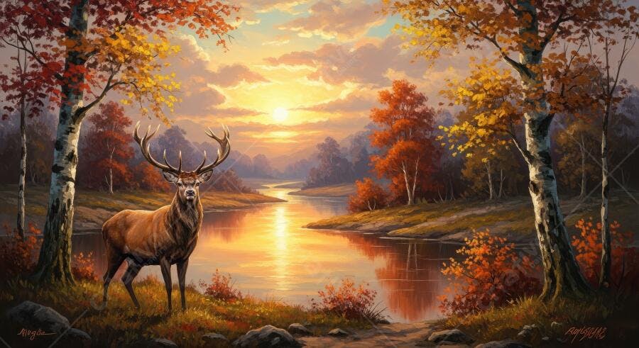 Pintura Veado Floresta Outono Rio Pôr do Sol Dourado