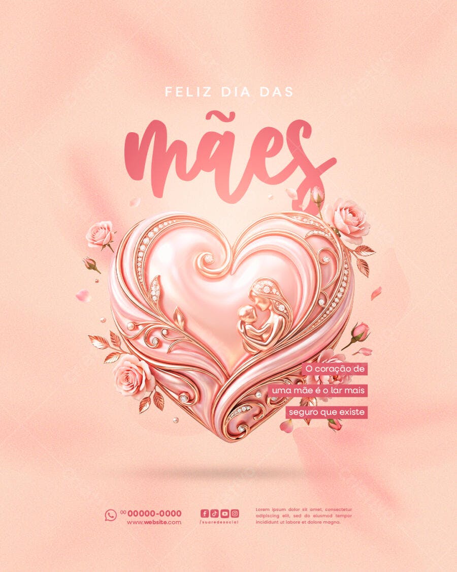 Post Dia das Mães Coração Rosas PSD Editável
