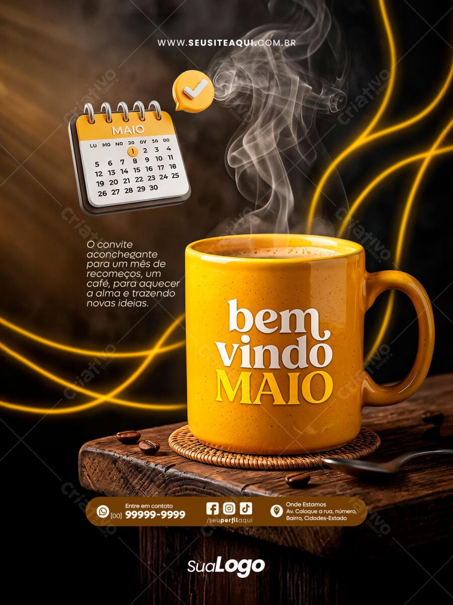 Post Instagram Bem Vindo Maio Cafeteria PSD Editável