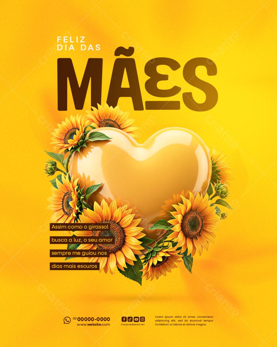 Post Instagram Dia das Mães Girassóis Coração PSD Editável