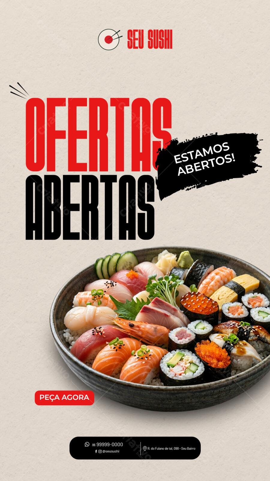 Post Instagram Ofertas Abertas Sushi Restaurante PSD Editável