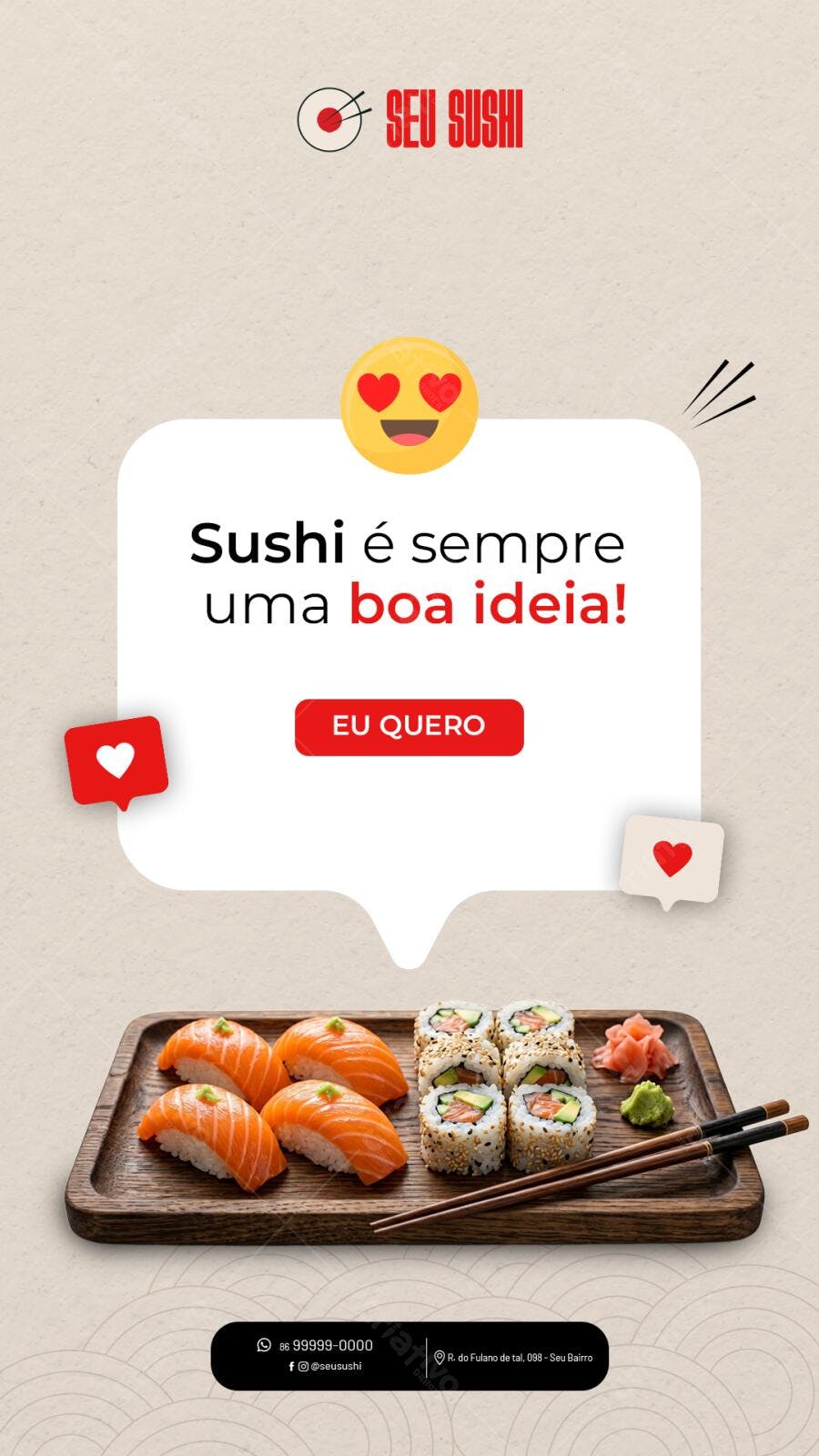 Post Instagram Sushi Restaurante Japonês PSD Editável