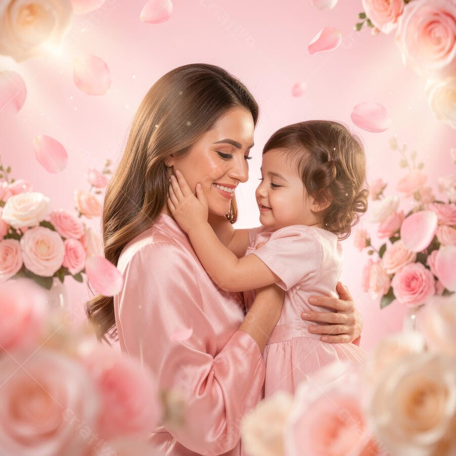 Foto Dia das Mães Mãe e Filha Abraçadas Rosas Cor de Rosa