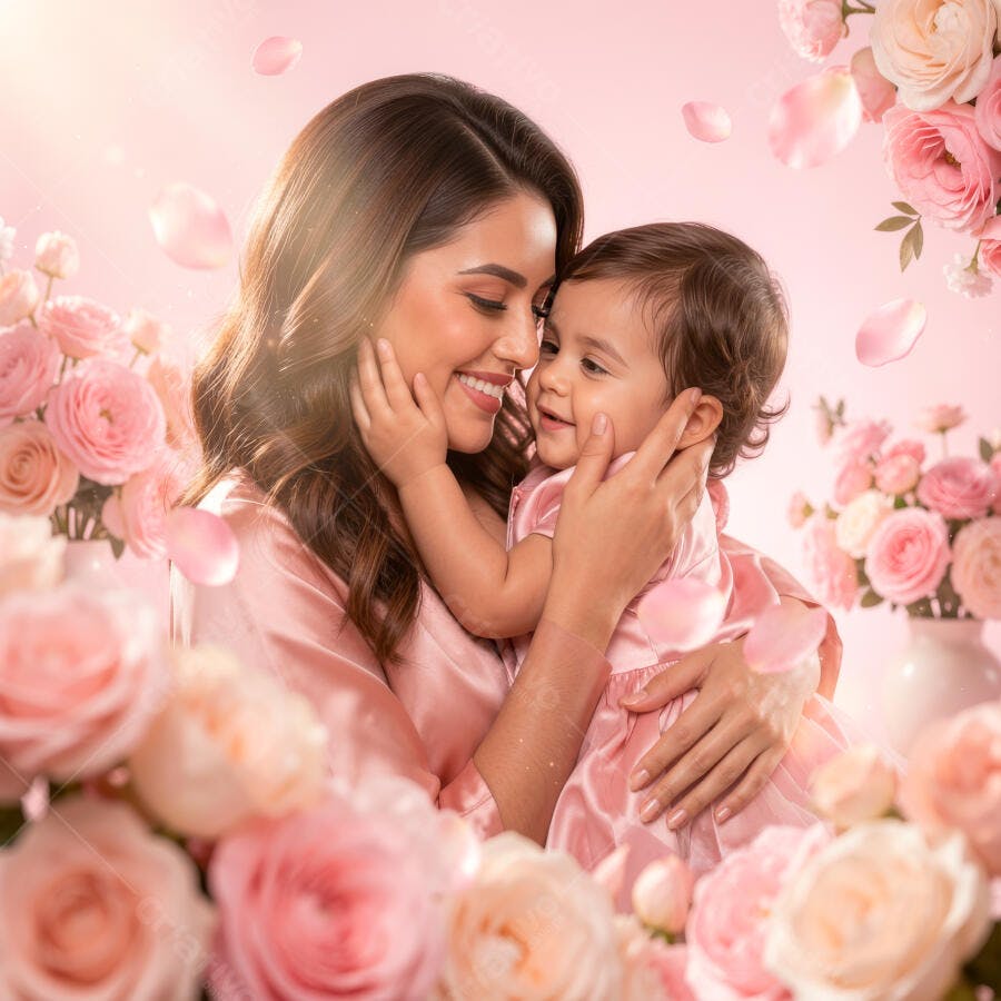 Foto Mãe e Bebê Sorrindo Rosas Cor de Rosa Dia das Mães