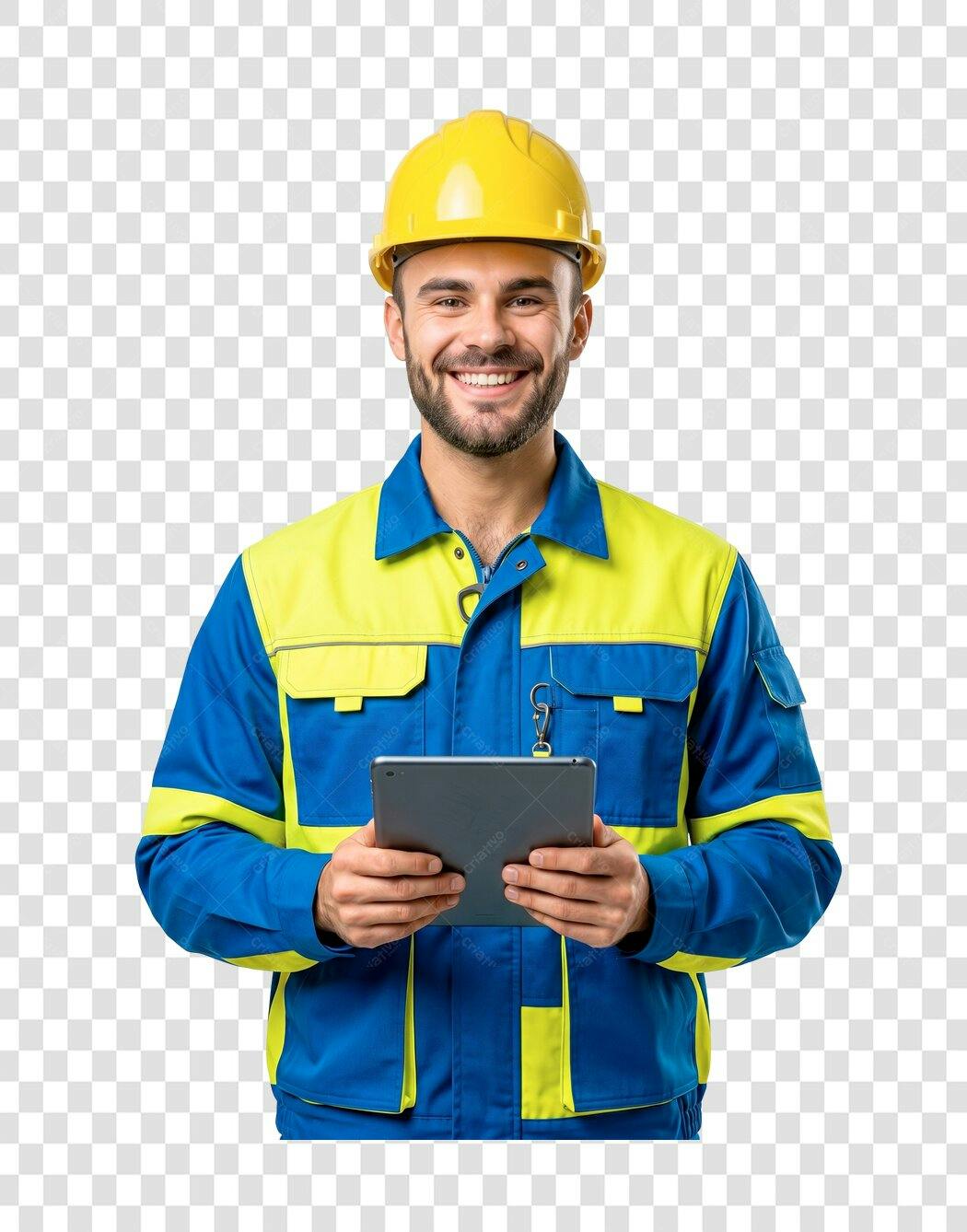 Foto Recortada Engenheiro Sorrindo Capacete Tablet PNG Fundo Transparente
