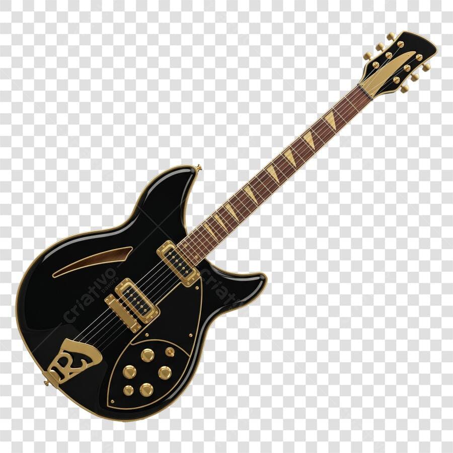 Ilustração Guitarra Elétrica Preta Dourada PNG Fundo Transparente