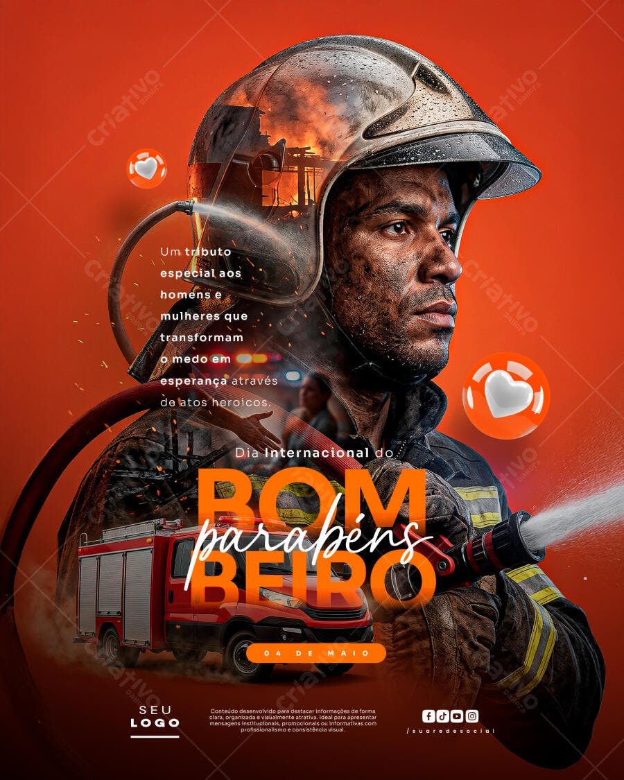 Post Dia Internacional do Bombeiro 02 de Maio PSD Editável