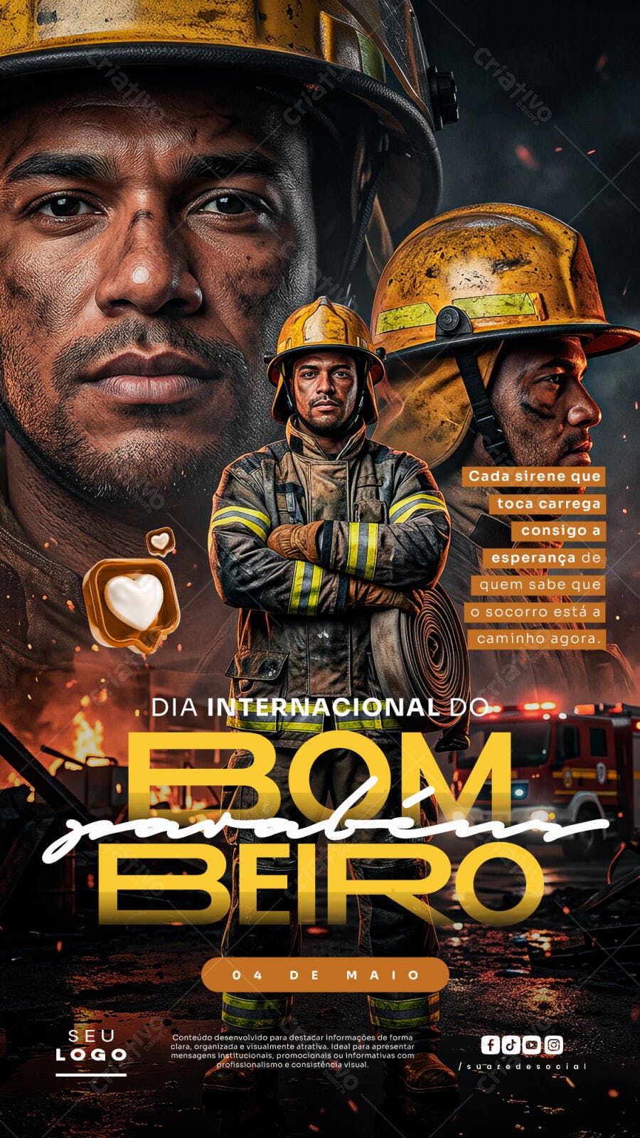 Post Dia Internacional do Bombeiro 04 de Maio PSD Editável