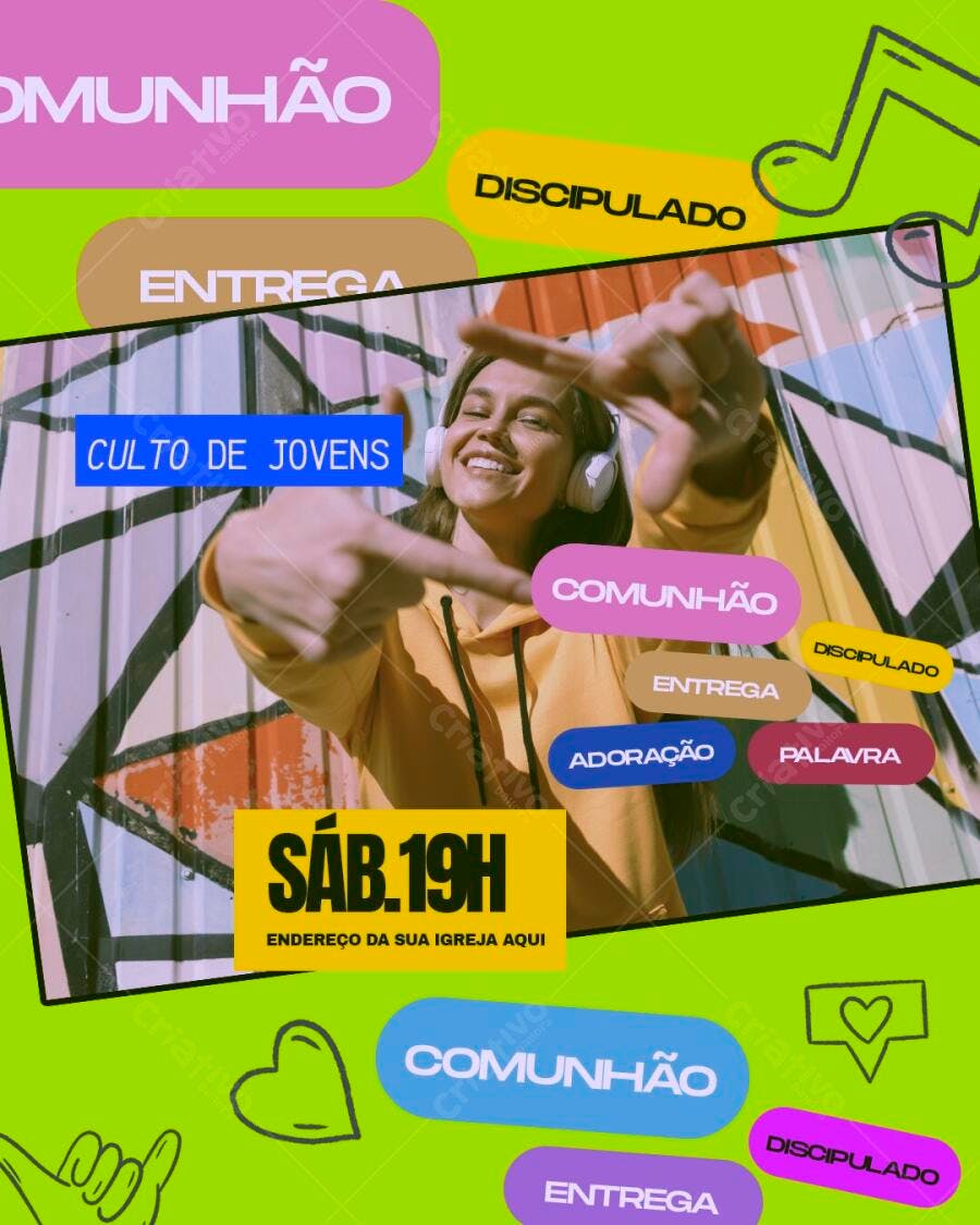 Post Instagram Culto de Jovens Igreja PSD Editável