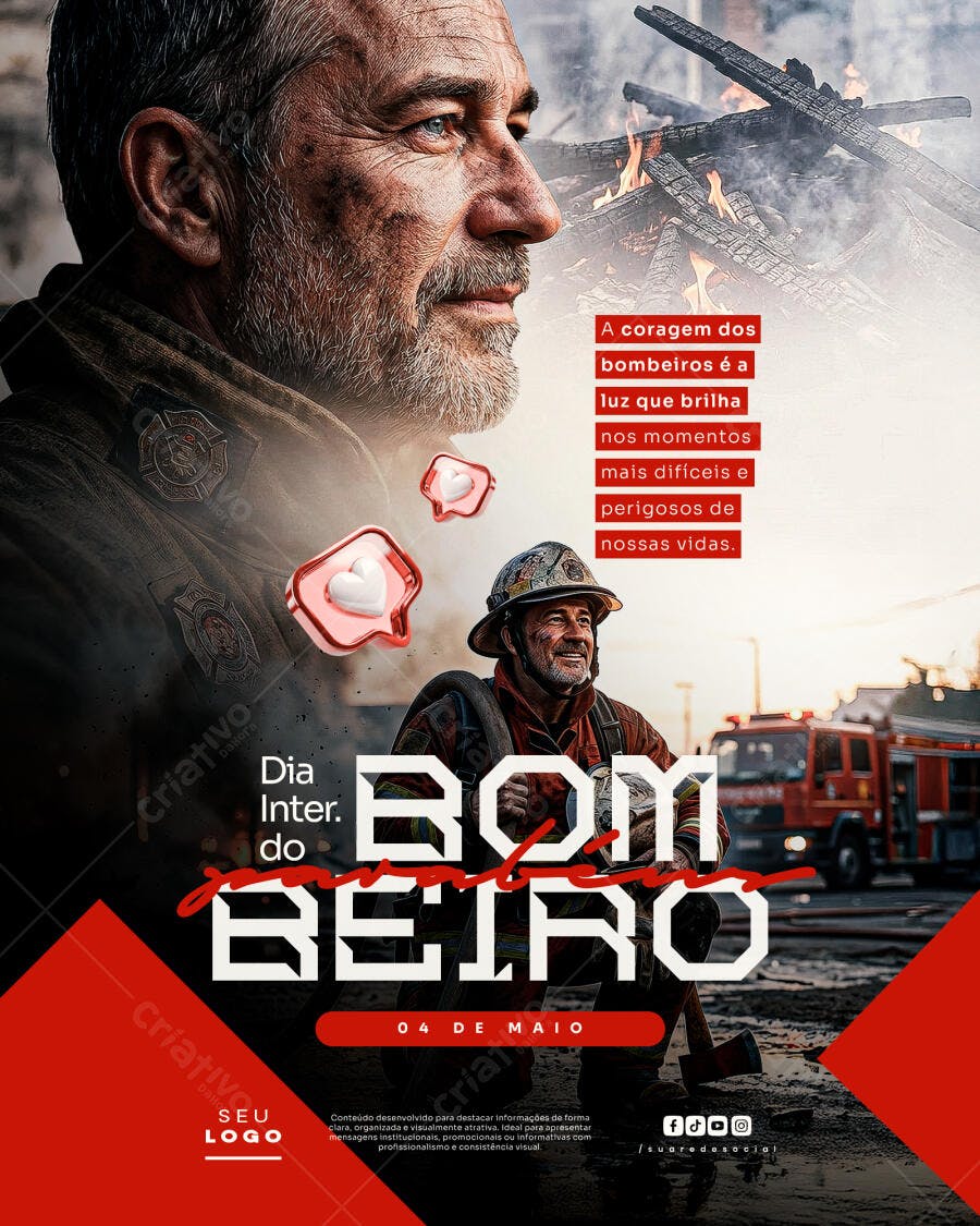 Post Instagram Dia Internacional do Bombeiro 04 de Maio PSD Editável