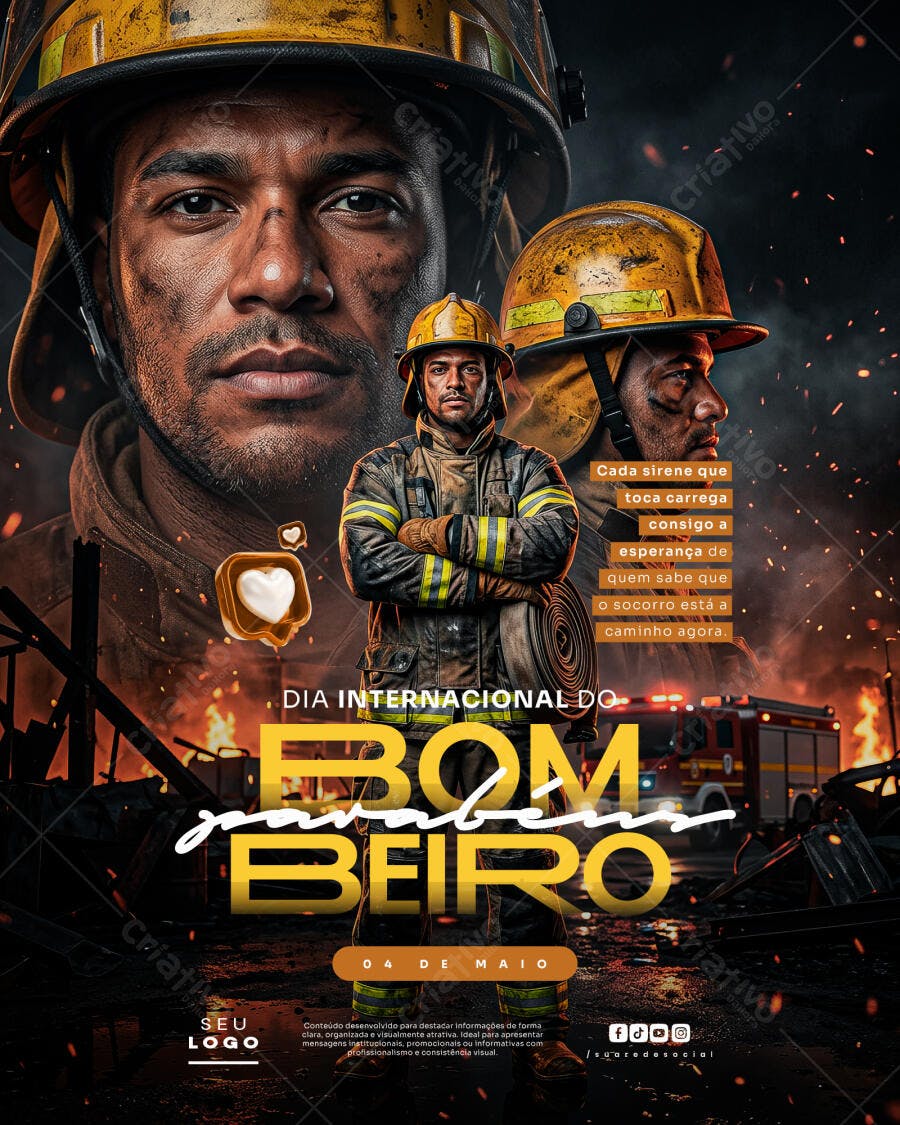 Post Instagram Dia Internacional do Bombeiro 04 de Maio PSD Editável