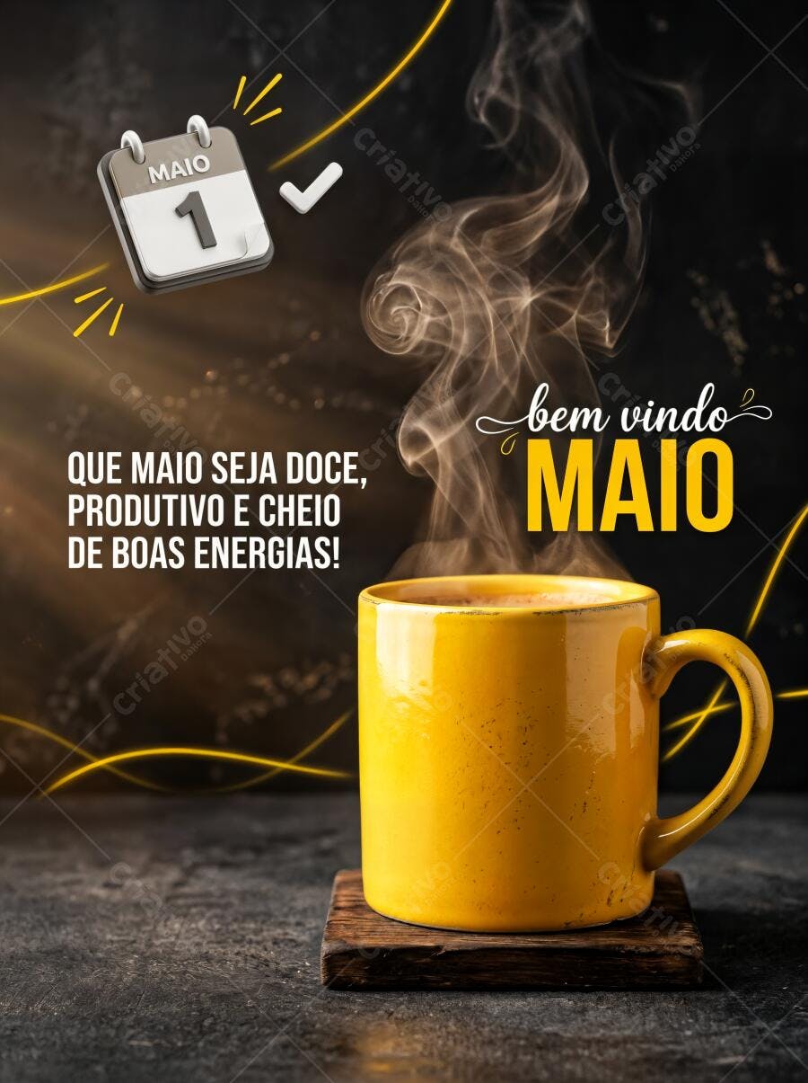 Arte Bem Vindo Maio Caneca Amarela Fumaça Calendário