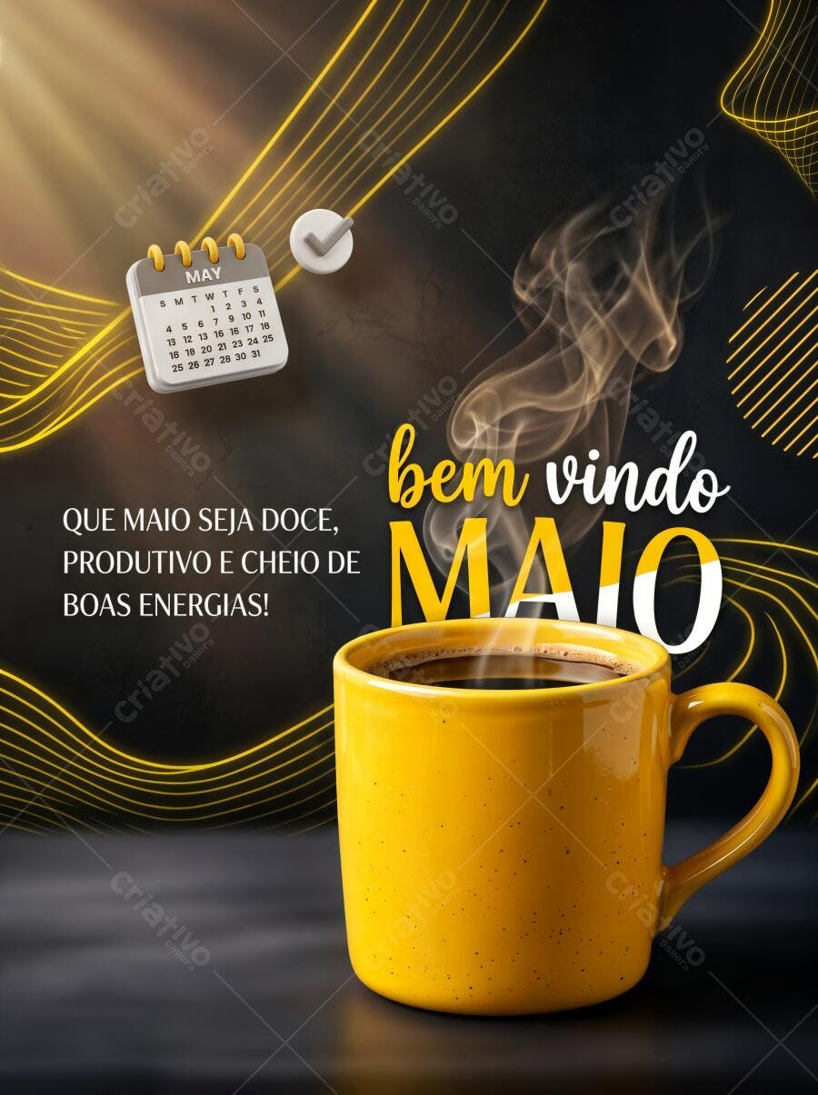 Bem Vindo Maio Caneca Café Quente Calendário Amarelo