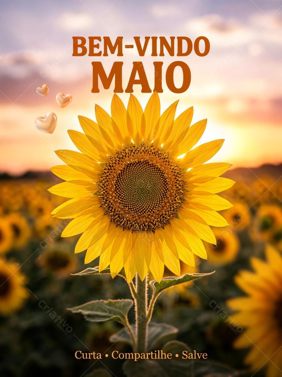 Bem-Vindo Maio Girassol Campo Pôr do Sol Corações
