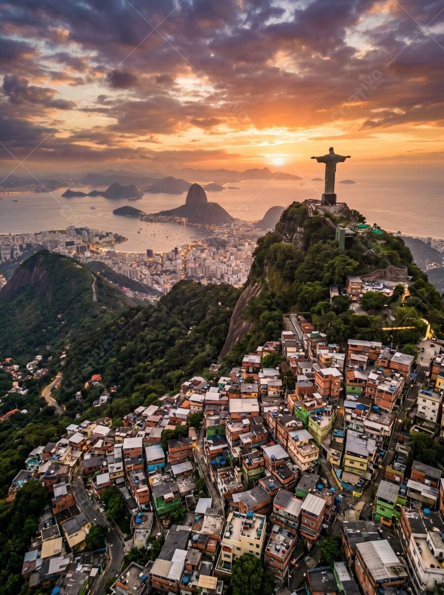 Cristo Redentor Pôr do Sol Rio de Janeiro Vista Aérea