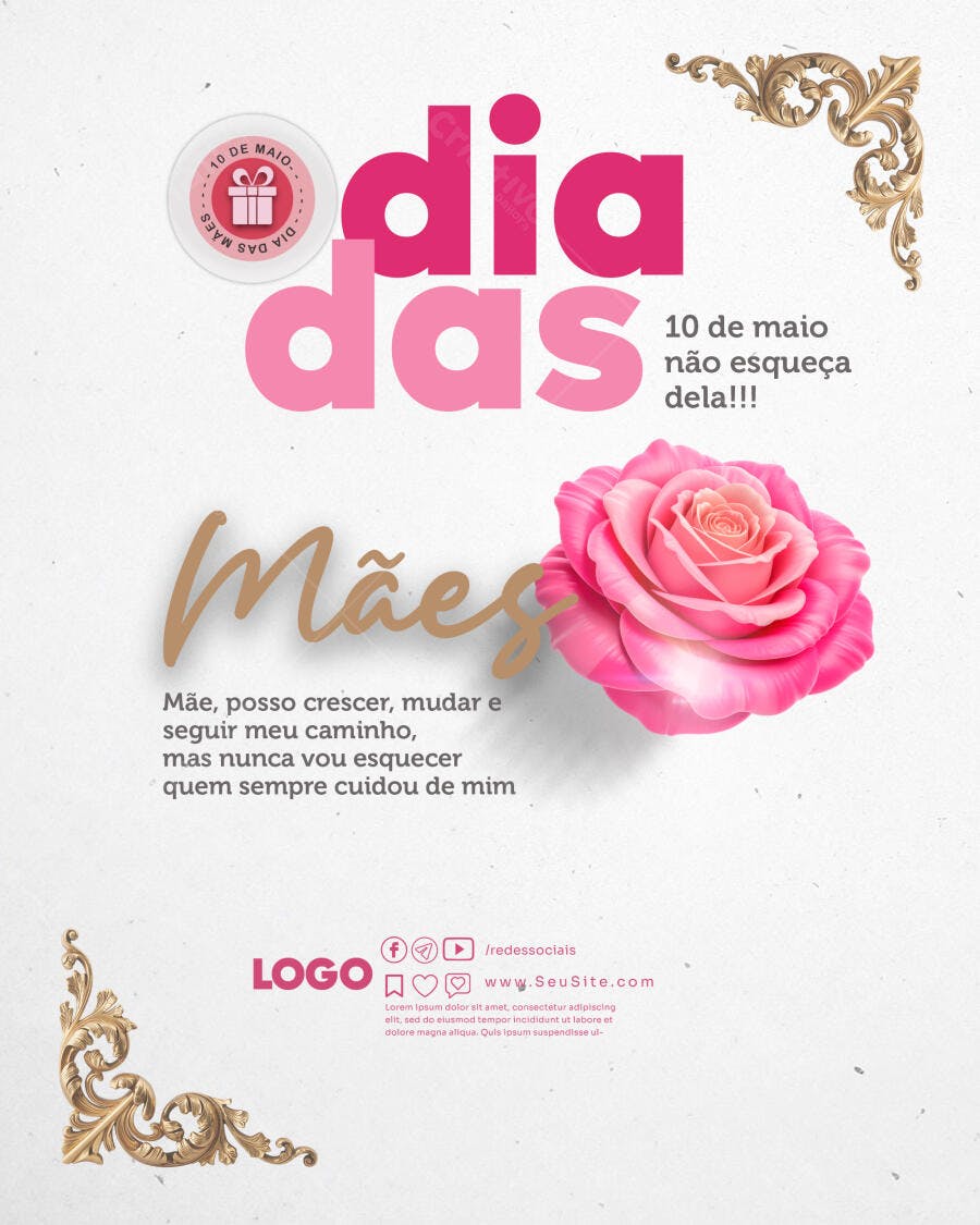 Flyer Dia das Mães Maio Rosa Floral PSD Editável