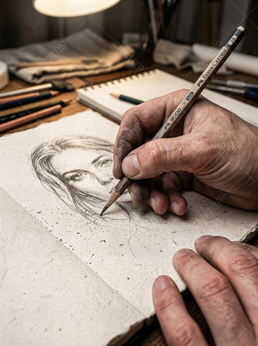 Foto Artista Desenhando Retrato Lápis Caderno Rústico