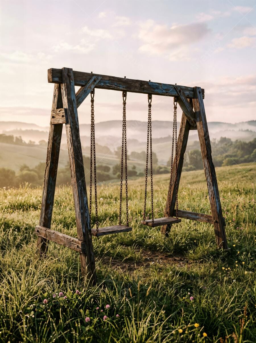 Foto Balanço de Madeira Vazio Campo Aberto Amanhecer