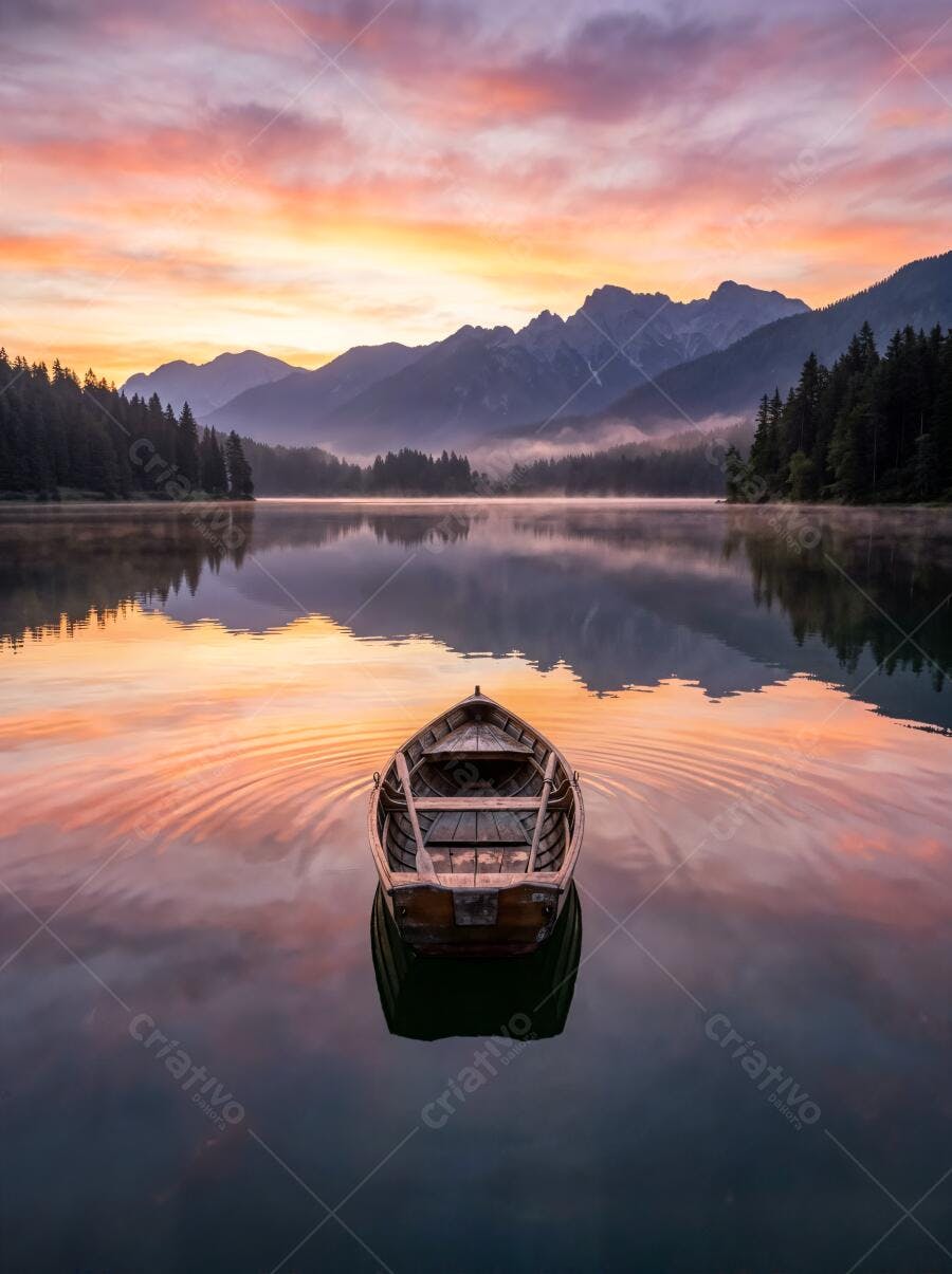 Foto Barco Lago Montanhas Pôr do Sol Cores Vibrantes
