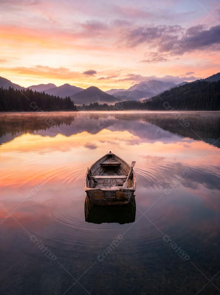 Foto Barco Solitário Lago Montanhas Amanhecer Céu Laranja