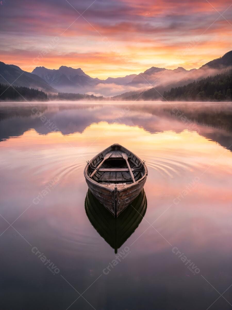 Foto Barco Solitário Lago Montanhas Nascer do Sol Neblina