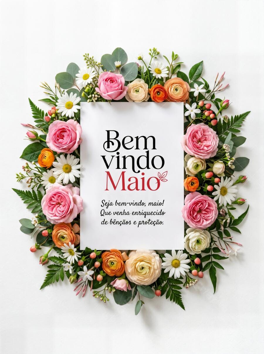 Foto Bem Vindo Maio Flores Rosas Margaridas Fundo Branco