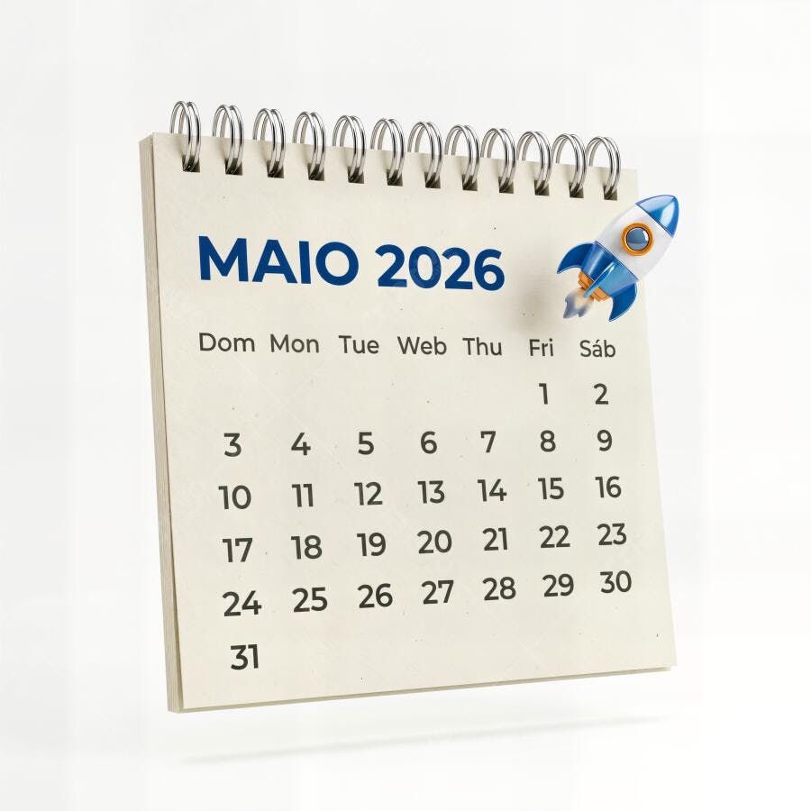 Foto Calendário Maio 2026 com Foguete Lançamento Inovação