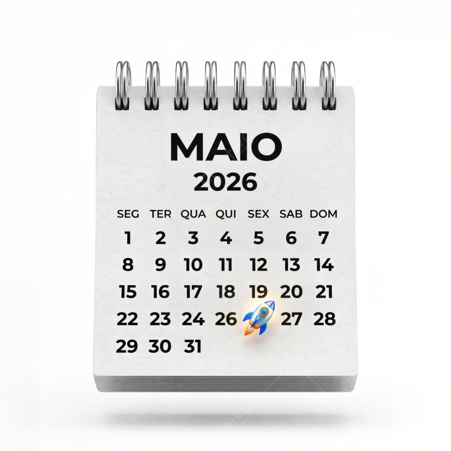 Foto Calendário Maio 2026 com Foguete Lançamento Projeto