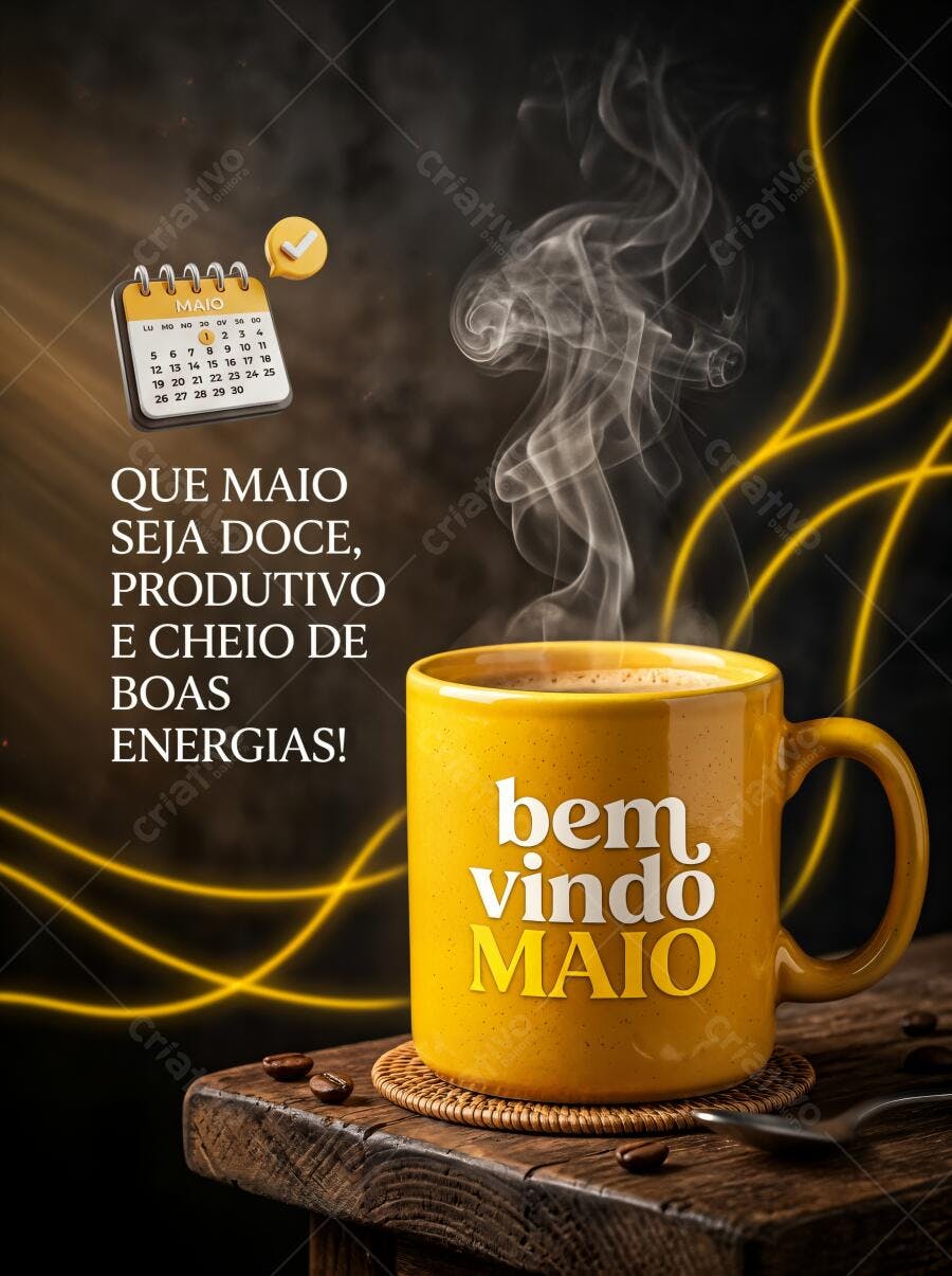Foto Caneca Amarela Café Vapor Calendário Bem Vindo Maio