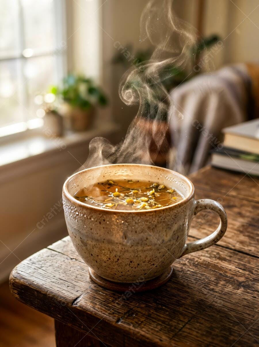 Foto Caneca Chá Quente Vapor Mesa Madeira Rústica