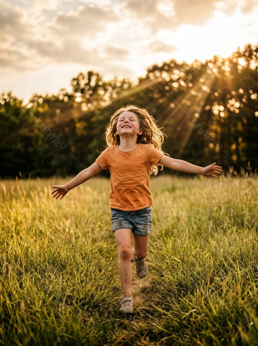 Foto Criança Feliz Correndo Campo Aberto Pôr do Sol
