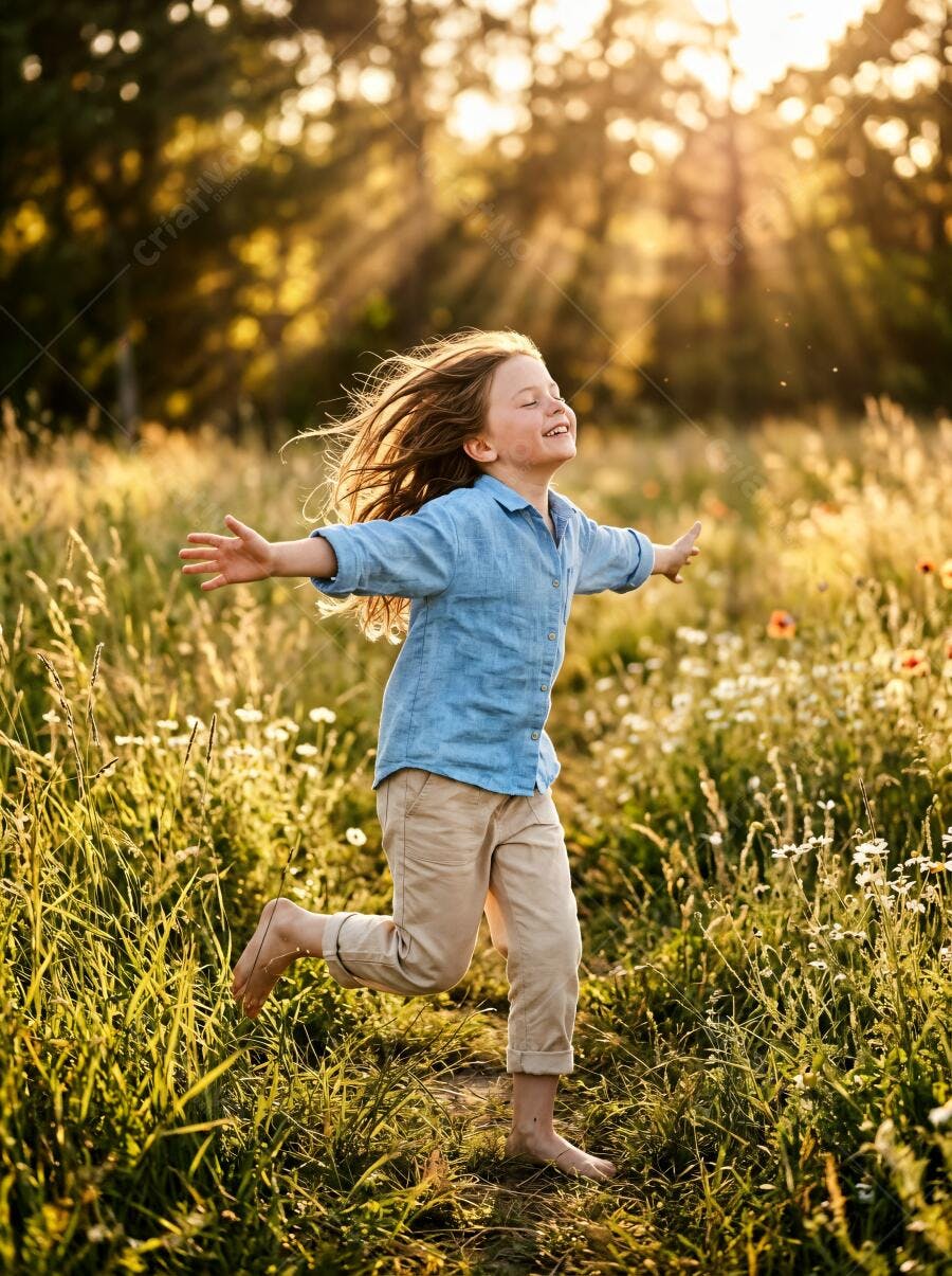 Foto Criança Feliz Correndo Campo Aberto Pôr do Sol