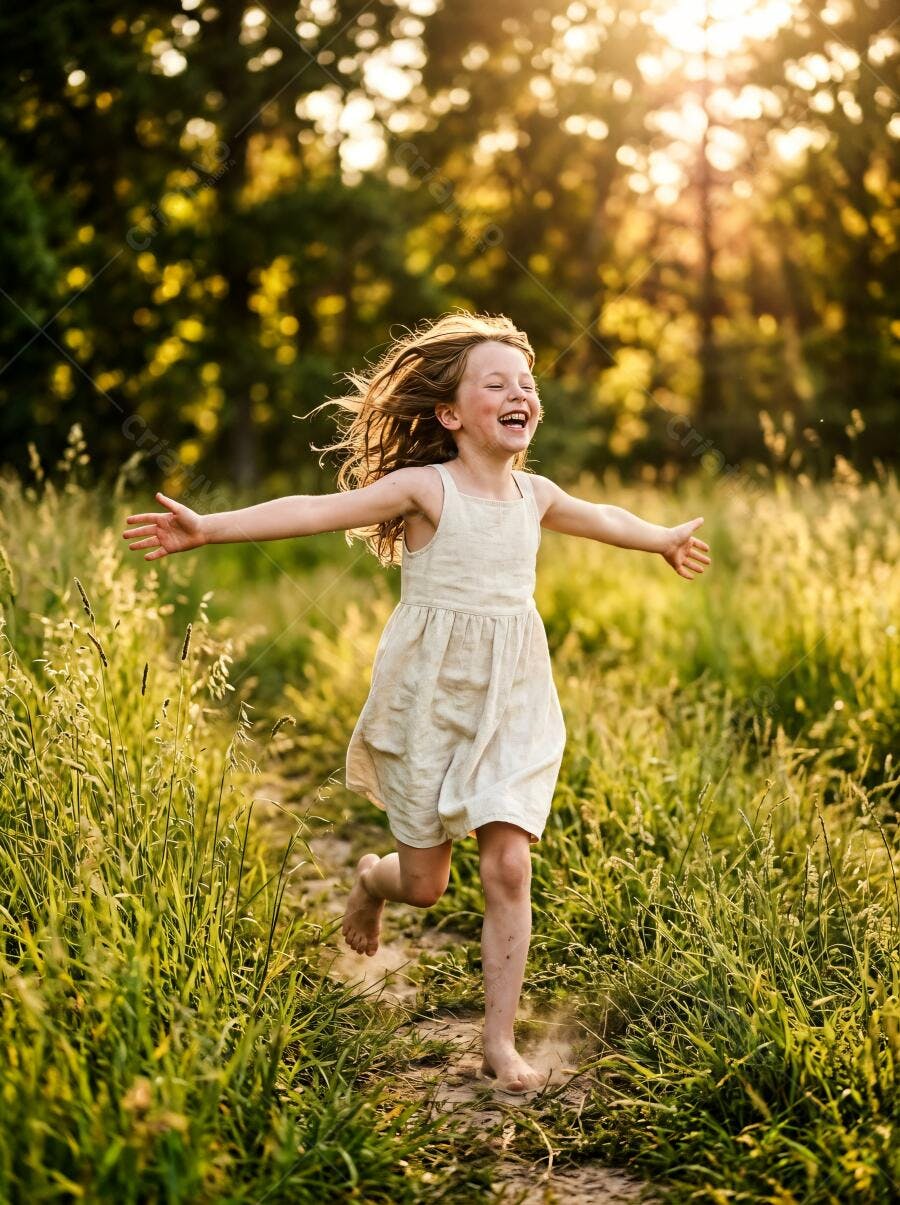 Foto Criança Menina Correndo Feliz Campo ao Pôr do Sol