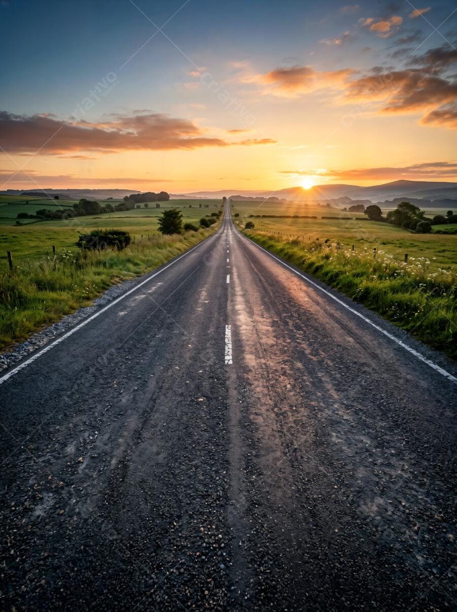 Foto Estrada Vazia Pôr do Sol Campo Verde Montanhas