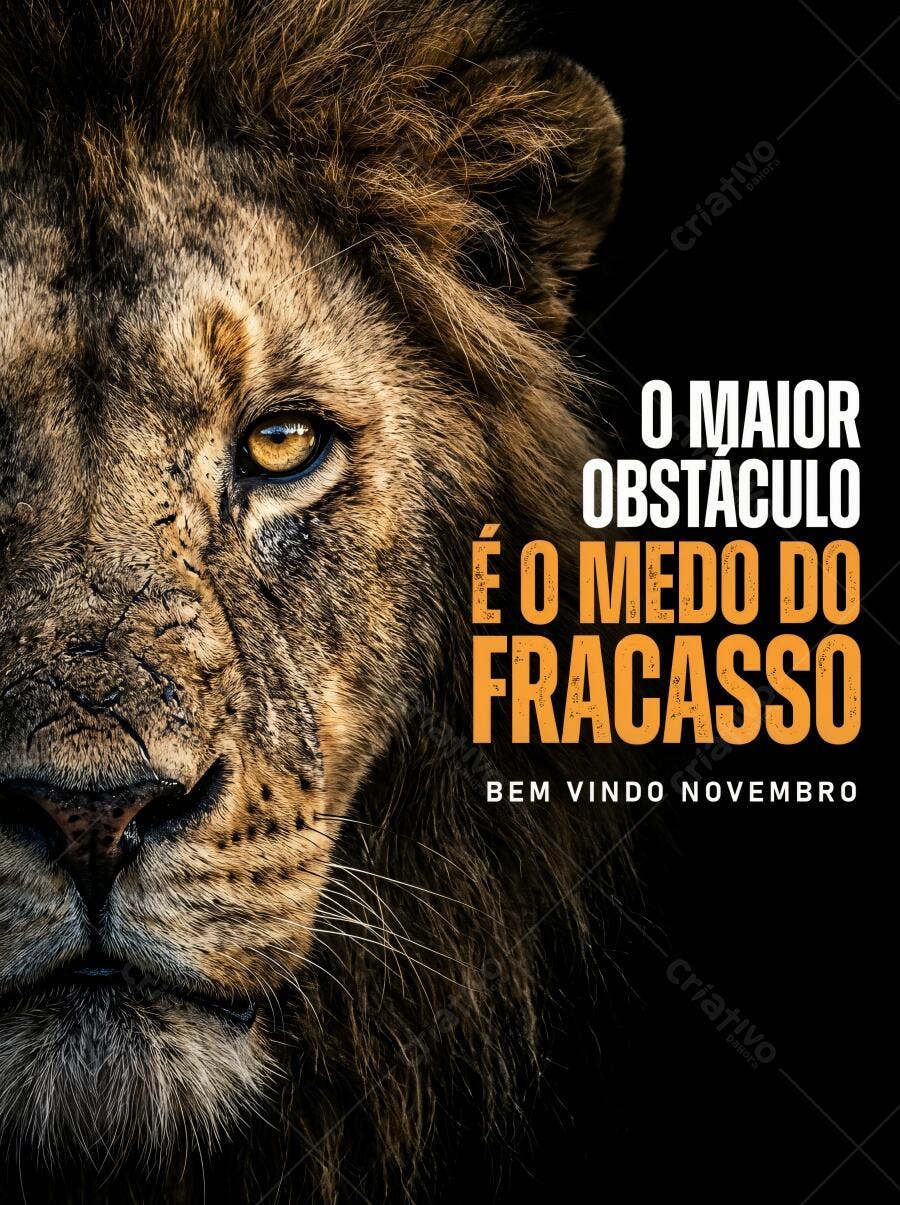 Foto Leão Rosto Close-up Olhar Intenso Fundo Preto Motivacional